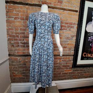 Vtg 1990s Blue White Floral Dress Midi Puffy Short Sleeves Size 8